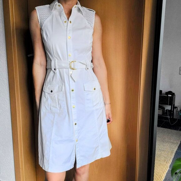Calvin Klein White Sleeveless Belted Button Front Shirt Dress Size 4 - Picture 2 of 11